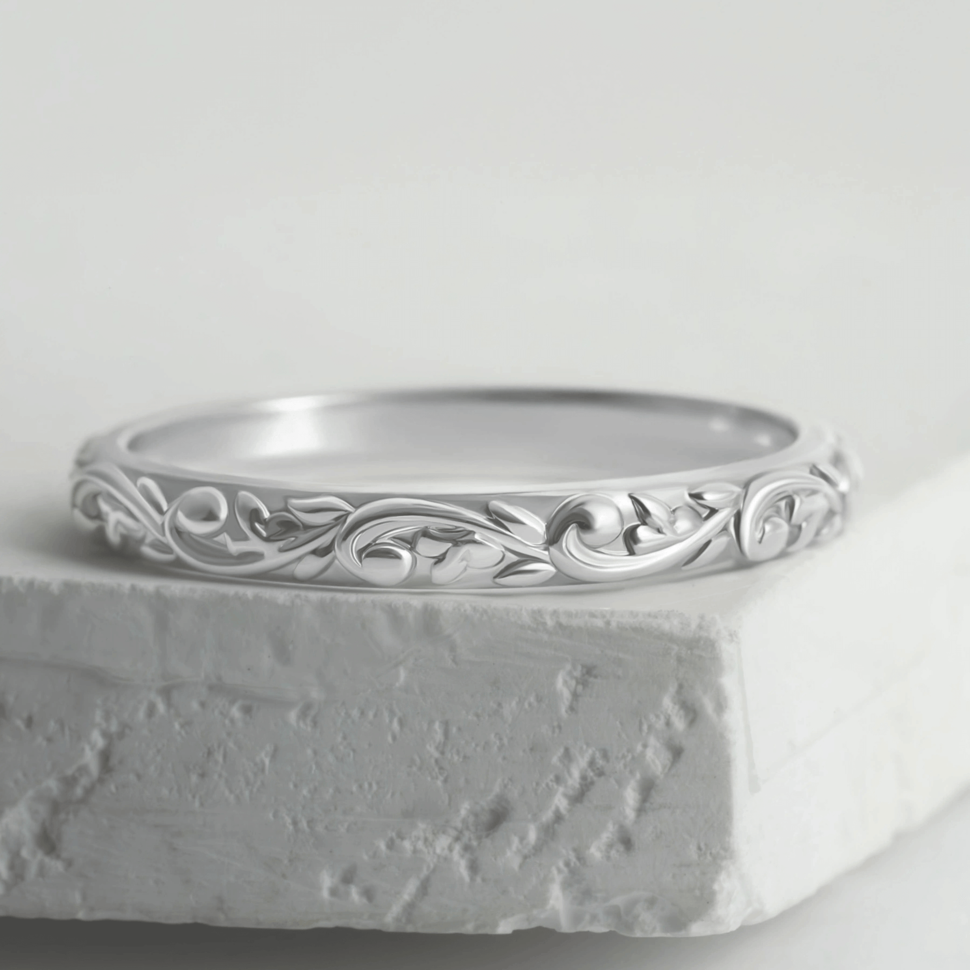 The Sylvan Ring. Nature-Sculpted Leaf & Scroll Wedding Ring (2.5 mm)