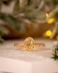 Gold ring with a diamond on a white surface with blurred greenery in the background
