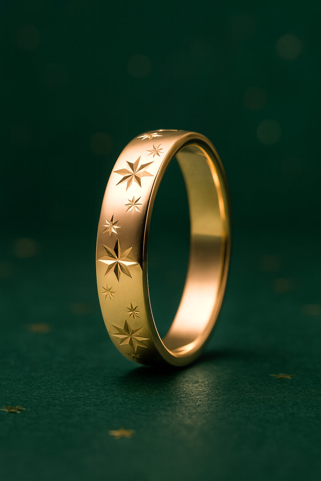 Gold ring with star patterns on a dark green background